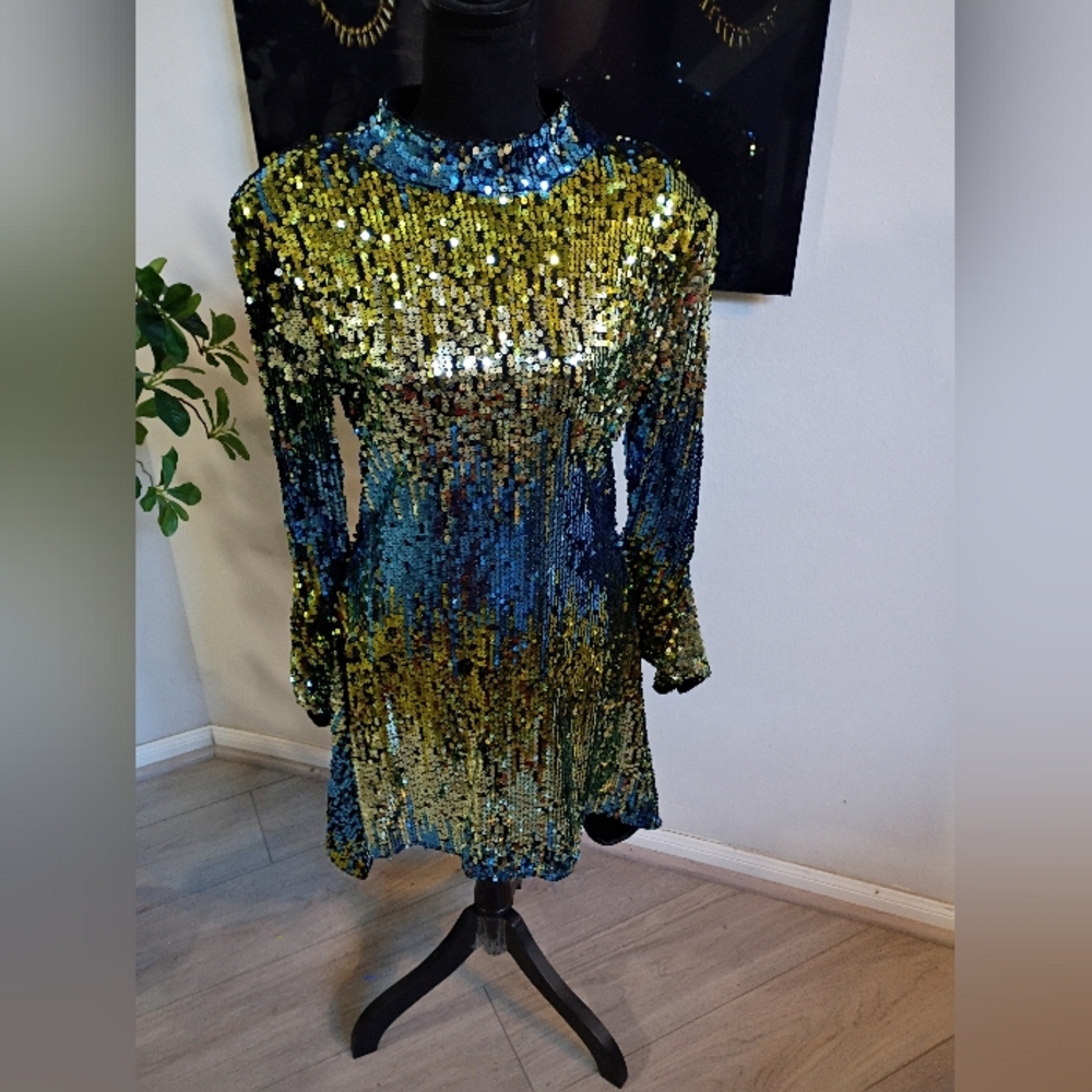 Sequin Multicolor Blue and Gold Mini Dress Long Sleeve Size Medium